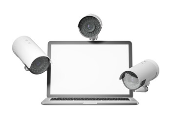 Poster - laptop with three surveillance cameras on an isolated white background. closeup view. concept of sec