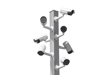 Poster - Multiple surveillance cameras of various models mounted on a single pole. Isolated on a white background. Concept of security and surveillance. 3D Rendering