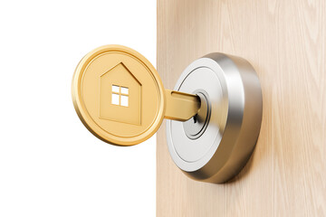 Poster - Closeup of a golden key with a house icon inserted into a modern lock on a wooden door. Minimalistic design concept. 3D Rendering