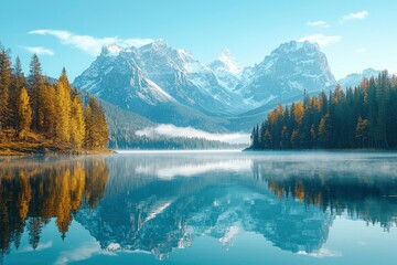 Wall Mural - Mountain Range Reflected in Still Lake Water with Fog