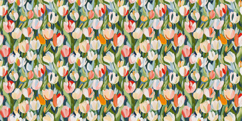 Wall Mural - a dreamy and clean pattern of tulips in a naive impressionistic style