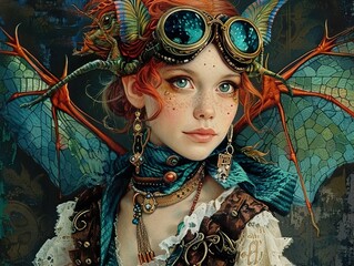 Canvas Print - Steampunk Fantasy Portrait: Woman with Wings and Goggles