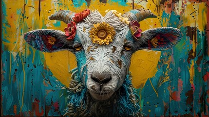 Wall Mural - Colorful Goat Portrait with Flowers - Abstract Animal Art