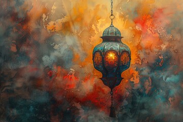 An ornate lantern hangs from a chain against a backdrop of swirling, colorful smoke. The lantern glows with a warm, inviting light.