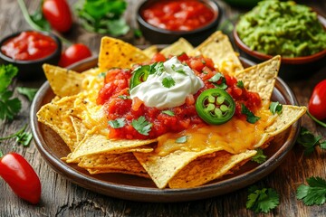 Wall Mural - A plate of nachos with toppings of salsa, cheese, sour cream, jalape?o and cilantro