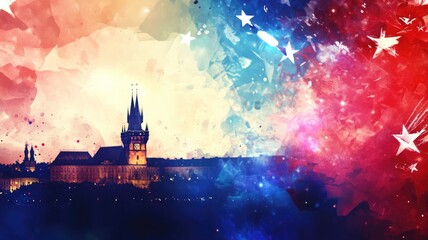 Vibrant abstract painting of castle with stars and splashes color