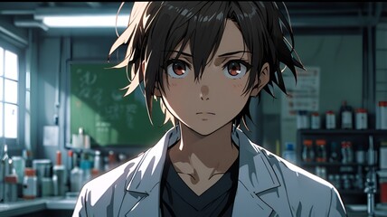 A male anime character in a laboratory, immersed in science fiction themes and advanced scientific equipment