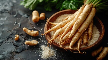 A bunch of fresh parsnips in a wooden bowl on a dark background.