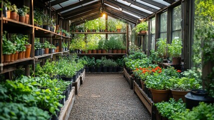 lush verdant greenhouse filled with a diverse array of potted plants herbs and seedlings