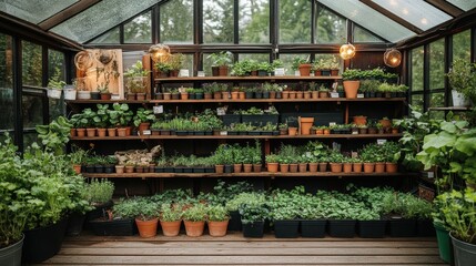 lush verdant greenhouse filled with a diverse array of potted plants herbs and seedlings