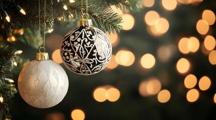 Canvas Print - Christmas Tree Ornaments, Black & White, Festive Bokeh