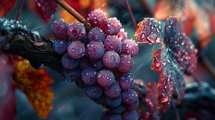 Sticker - Close-up of Red Grapes Covered in Raindrops