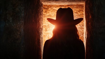 Canvas Print - silhouette of person wearing cowboy hat in dark cave