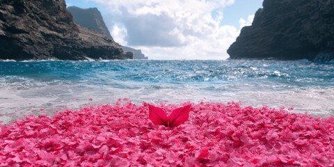 Wall Mural - Vibrant pink flower petals floating on crystal clear ocean waters