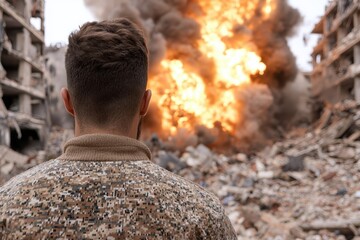 Wall Mural - Soldier observing explosion in war zone