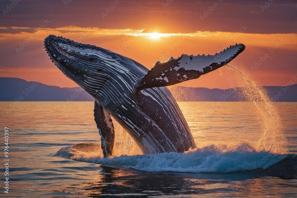 Humpback Whale Breaching at Sunset: A massive humpback whale leaping ...