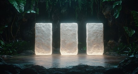 Sticker - Glowing stone monoliths in a lush tropical jungle