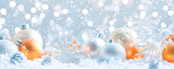 Poster - Festive Winter Background with Silver and Orange Ornaments