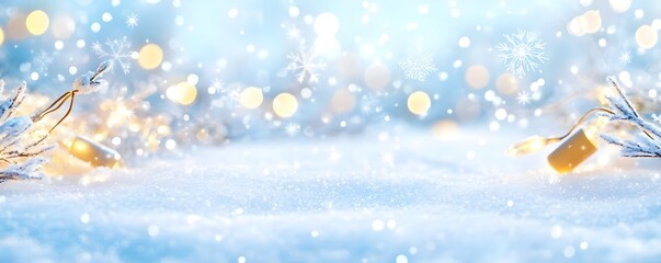 Poster - Festive Winter Background with Snow, Lights, and Bokeh