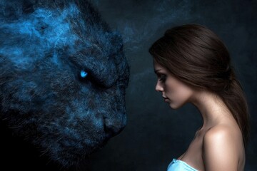 Mystical encounter between a woman and a powerful beast