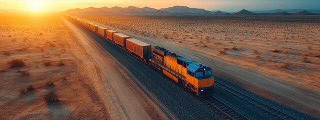 Wall Mural - A train transporting cargo travels through vast desert landscape at sunset, showcasing beauty of nature and transportation..