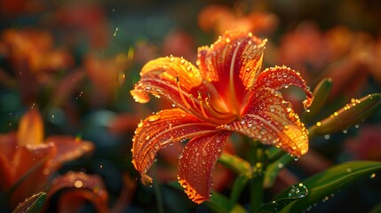 Wall Mural - Orange Lily Flower with Dew Drops - Close Up Photography