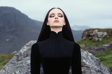 Poster - mysterious woman in black dress on rocky mountain