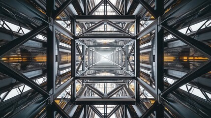 A web of steel beams seen from below, symbolizing the structure and resilience of modern engineering, steel beams engineering and construction