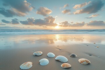 Wall Mural - Seashells on a Sandy Beach at Sunset