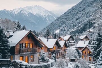 Wall Mural - Snowy Mountainside Village with Illuminated Chalets