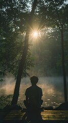 Poster - Silhouette of a Person Sitting by a Misty Lake at Sunrise