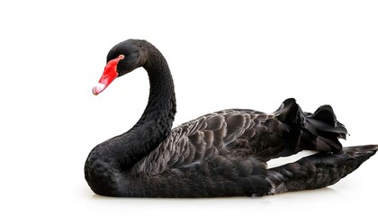 black swan - Cygnus atratus - is a large waterbird with a red bill, which breeds mainly in the southeast and southwest regions of Australia. Isolated on white background with copy space. Swimming