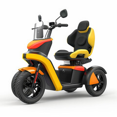 scooter tricycle electric vehicle transport ride three-wheeler mobility modern yellow black seat handlebars wheels battery-powered urban transport