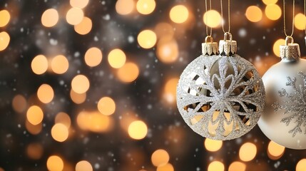 Wall Mural - Silver Christmas Ornaments with Bokeh Lights