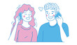 © Kordiush - A simple line art illustration of a man and woman happily talking on their phones, with a heart between them.