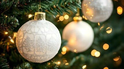 Canvas Print - Sparkling White Ornament on Christmas Tree with Bokeh Lights