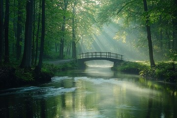 Wall Mural - Sunbeams Illuminating a Wooden Bridge Over a Misty Forest Stream