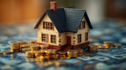 a model house surrounded by coins symbolizes real estate investment and financial growth..