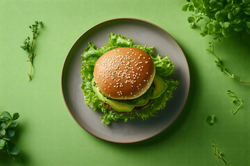 Vegan Burger with Lettuce on Green Background
