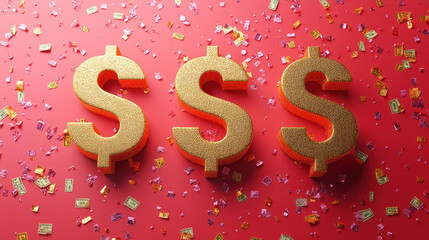 Golden dollar signs with confetti create festive atmosphere, symbolizing wealth and celebration..