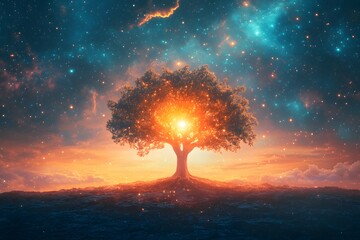 Wall Mural - Glowing Tree in a Starry Night Sky