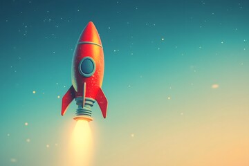 Poster - Red Rocket Ship Launching into Space with Stars in the Background