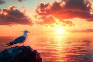 Sticker - Seagull on Rock at Sunset with Dramatic Clouds