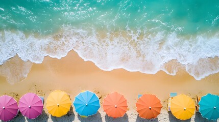 Sticker - Beach Umbrellas Aerial View  Turquoise Ocean  Tropical Vacation  Summer Travel