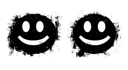 Two black smiley faces with rough grunge texture on a white background.