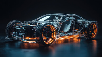 A futuristic car with orange wheels and a black body. The car is made of glass and has a metallic look