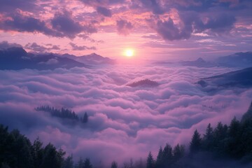 Wall Mural - A Sunset Over a Sea of Clouds in a Mountainous Landscape