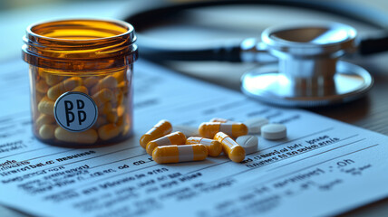 A small pile of pills resting on a prescription form, with a stethoscope in the background