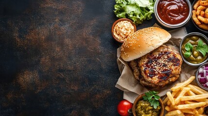 Burger, sauces, fries, and veggies on dark rustic background