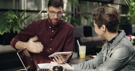 Poster - Tablet, meeting and startup with business people in cafe for brainstorming, teamwork and idea. Technology, planning and creative with employees in coffee shop for collaboration, project and agreement